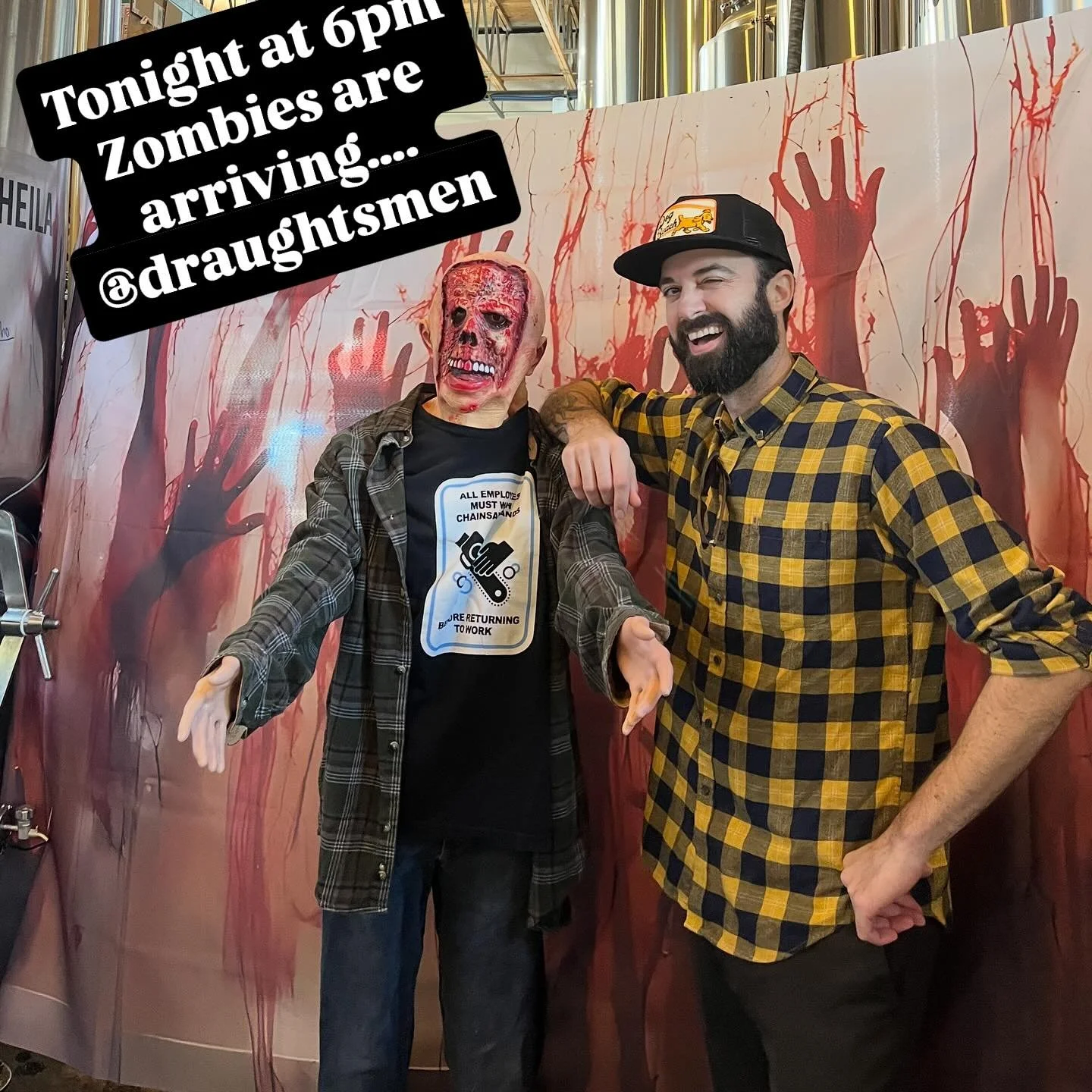 Reno making friends with the arriving zombies. Turns out zombies like good beer. @d.j.frew  spinning at 6pm. costumes encouraged. @zappfoodtruck is ready to feed you. 
.
.
.
#halloween #draughtsmen #draughtsmenaleworks #goleta #zappthai #zombies