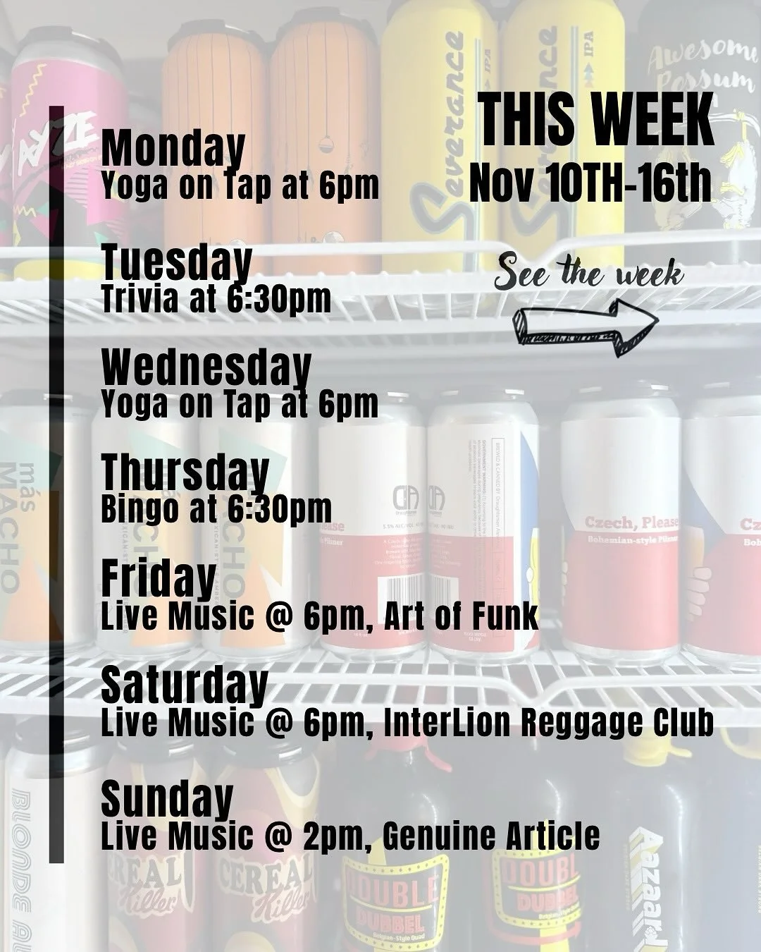 🍻 This Week at Draughtsmen Aleworks. Beer, bites, music, and good vibes &mdash; all week long.

🧘&zwj;♀️ Mon 11/10 &ndash; Yoga on Tap @ 6pm Start your week grounded with Natalie. Stretch, breathe, sip &mdash; your reset starts here.

🧠 Tue 11/11 