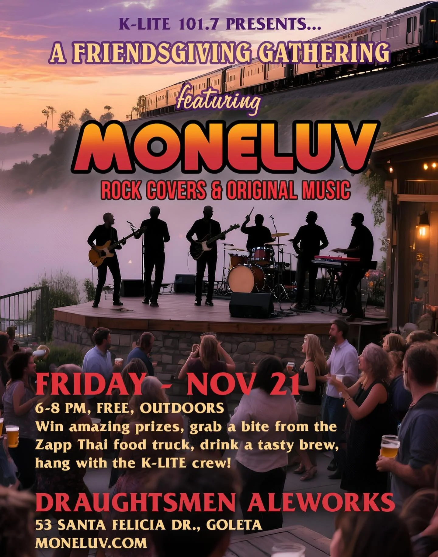 Friendsgiving Gathering + Live Music @ 6pm A big community night is coming to Goleta!

Join us at Draughtsmen Aleworks for K-LITE&rsquo;s Listener Appreciation Friendsgiving, featuring MoneLuv live at 6pm. It&rsquo;s FREE to come, hang out, and take 