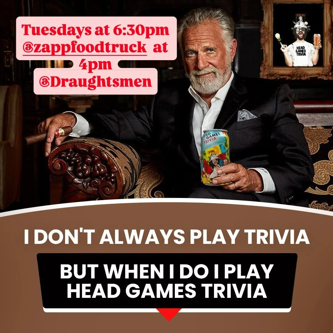 🧠 Head Games Trivia Night 🍺
Bring your family, bring your friends &mdash; it&rsquo;s FREE fun and a trivia challenge for everyone at Draughtsmen Aleworks! Trivia kicks off at 6:30pm, and the laughs (and pints) are guaranteed. 🍻

🍜 @zappfoodtruck 