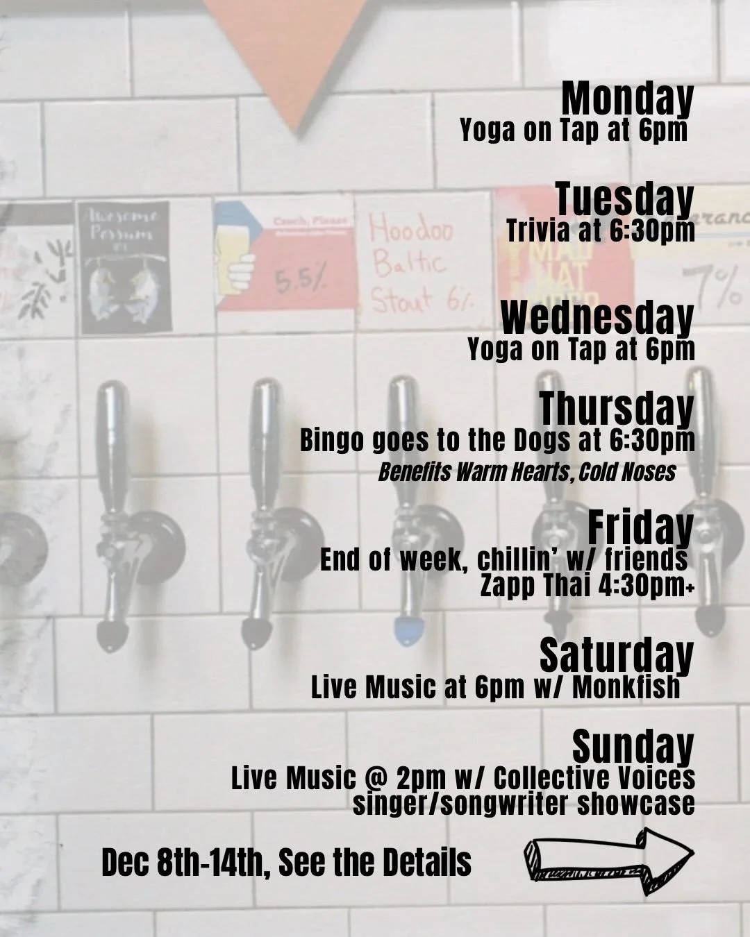 🍻 This Week at Draughtsmen Aleworks 

🧘&zwj;♀️ Mon 12/08 &ndash; Yoga on Tap @ 6pm Ease into the week with Shanny. Stretch, breathe, sip &mdash; the perfect Monday reset. Focusing on a week of gratitude.

🧠 Tue 12/09 &ndash; Trivia Night @ 6:30pm 