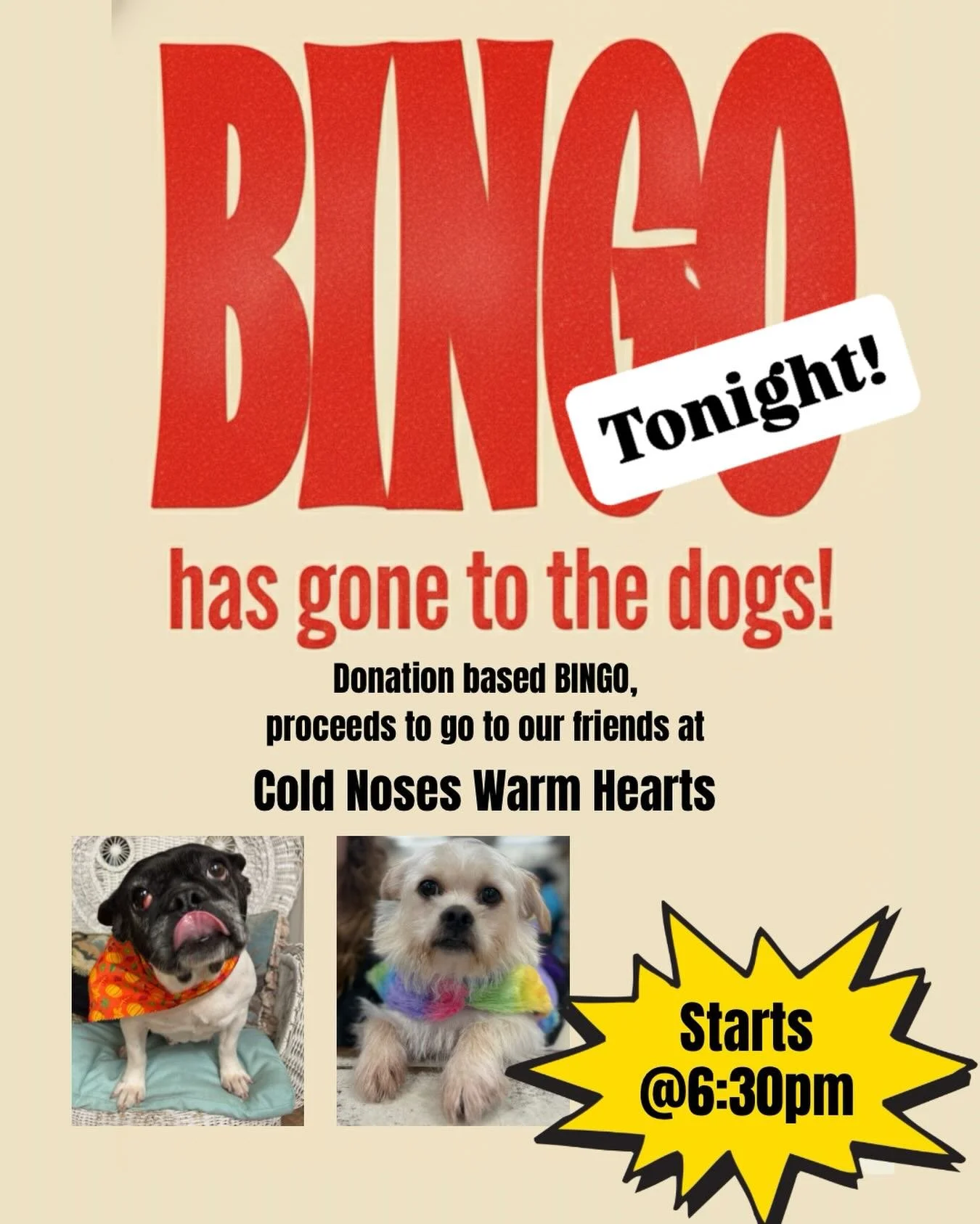 Come join the fun of BINGO. Tonight&rsquo;s bingo goes to the dogs and will benefit @cold_noses_warm_hearts. Make this holiday happier for our furry friends!

Come hungry and gram a bite from @zappfoodtruck 

#bingoandbeer #bingo #goleta #zappthai #g