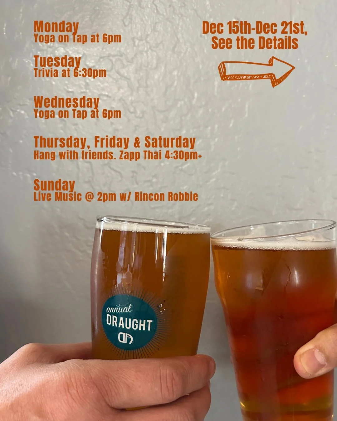 🍻 This Week at Draughtsmen Aleworks

🧘&zwj;♀️ Mon 12/15 &ndash; Yoga on Tap @ 6pm. Start the week with intention and gratitude alongside Natalie. Stretch, breathe, sip, and reset your Monday the Draughtsmen way.

🧠 Tue 12/16 &ndash; Trivia Night @