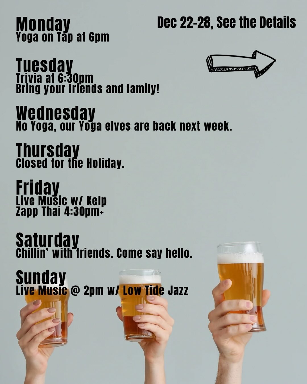 🍻 Holiday Week at Draughtsmen Aleworks. Ho ho ho&hellip; let&rsquo;s sip our way through the season 🎄

🧘&zwj;♀️ Mon 12/22 &ndash; Yoga on Tap @ 6pm Ease into the holiday week with guest yogi Becca. Stretch, breathe, sip &mdash; and soak up a littl
