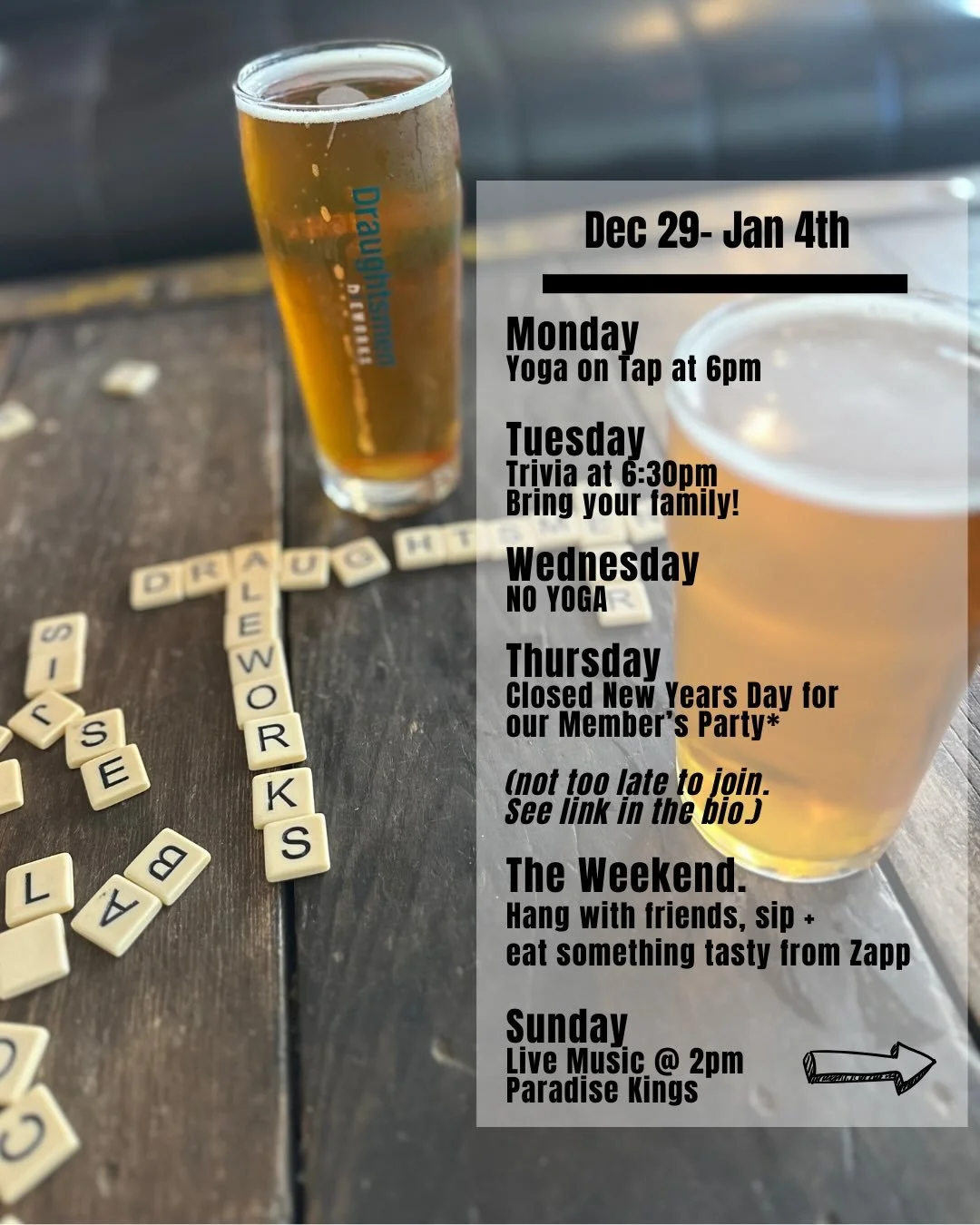 🍻 Oh hey, New Year&hellip; let&rsquo;s do this right. ✨

🧘&zwj;♀️ Mon 12/29 &ndash; Yoga on Tap @ 6pm Ease into the final week of the year with guest yogi Natalie. Stretch, breathe, sip, and close out 2025 with a little intention (or just a lot of 