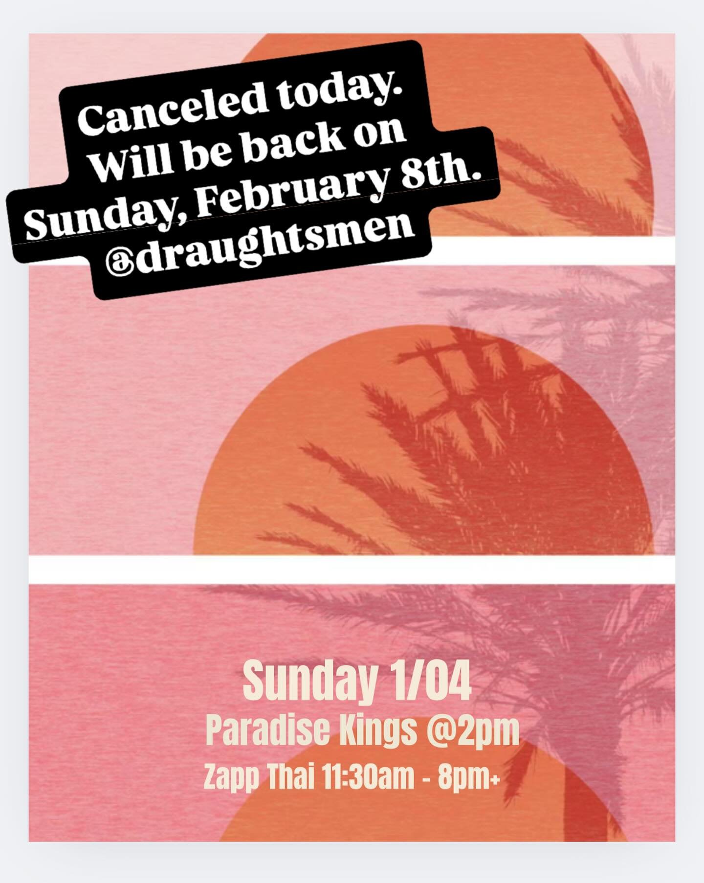 Paradise Kings are canceled today. However, stay tuned because they will be playing on Sunday, February 8th!

We are open today. Come on in and grab a warm bite from @zappfoodtruck #
.
.
.
#sblivenotes #wetsantabarbara #getzapped #goleta sundayvibes