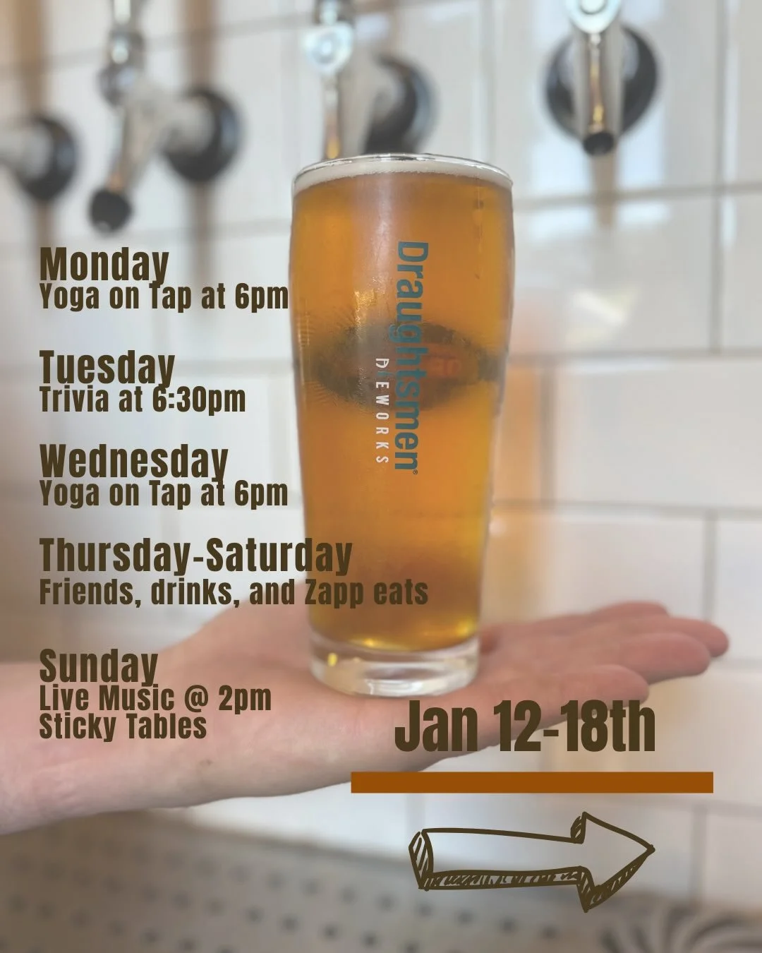 🍻 Happenings at Draughtsmen Aleworks
🧘&zwj;♀️ Mon 1/12 | Yoga on Tap @ 6pm. Stretch, breathe, sip, and ease into the week with yogi Natalie. Come laugh and flow with a great crew.

🧠 Tue 1/13 | Trivia Night @ 6:30pm Grab your friends and put your 