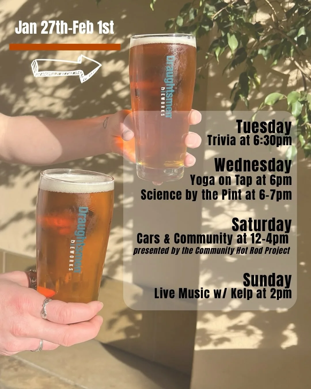 🍻 Happenings at Draughtsmen this week
🧠 Tue 1/27  Trivia Night @ 6:30pm Grab your smartest (and funniest) friends and come play. Trivia is free, ready for laughs, and pairs nicely with @zappfoodtruck&rsquo;s Thai flavors.

🧘&zwj;♂️ Wed 1/28  Yoga 