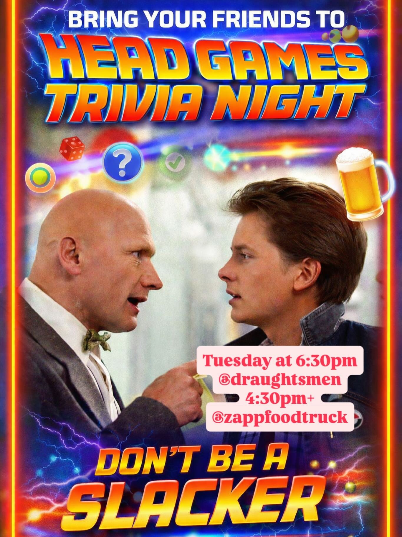 🧠 Head Games Trivia Night 🍺
Tuesday just got smarter (and funnier). Head Games Trivia starts at 6:30pm at Draughtsmen. FREE to play and best enjoyed with friends and a cold pint. 🍻

🍜 @zappfoodtruck will be on-site with Thai favorites to keep the