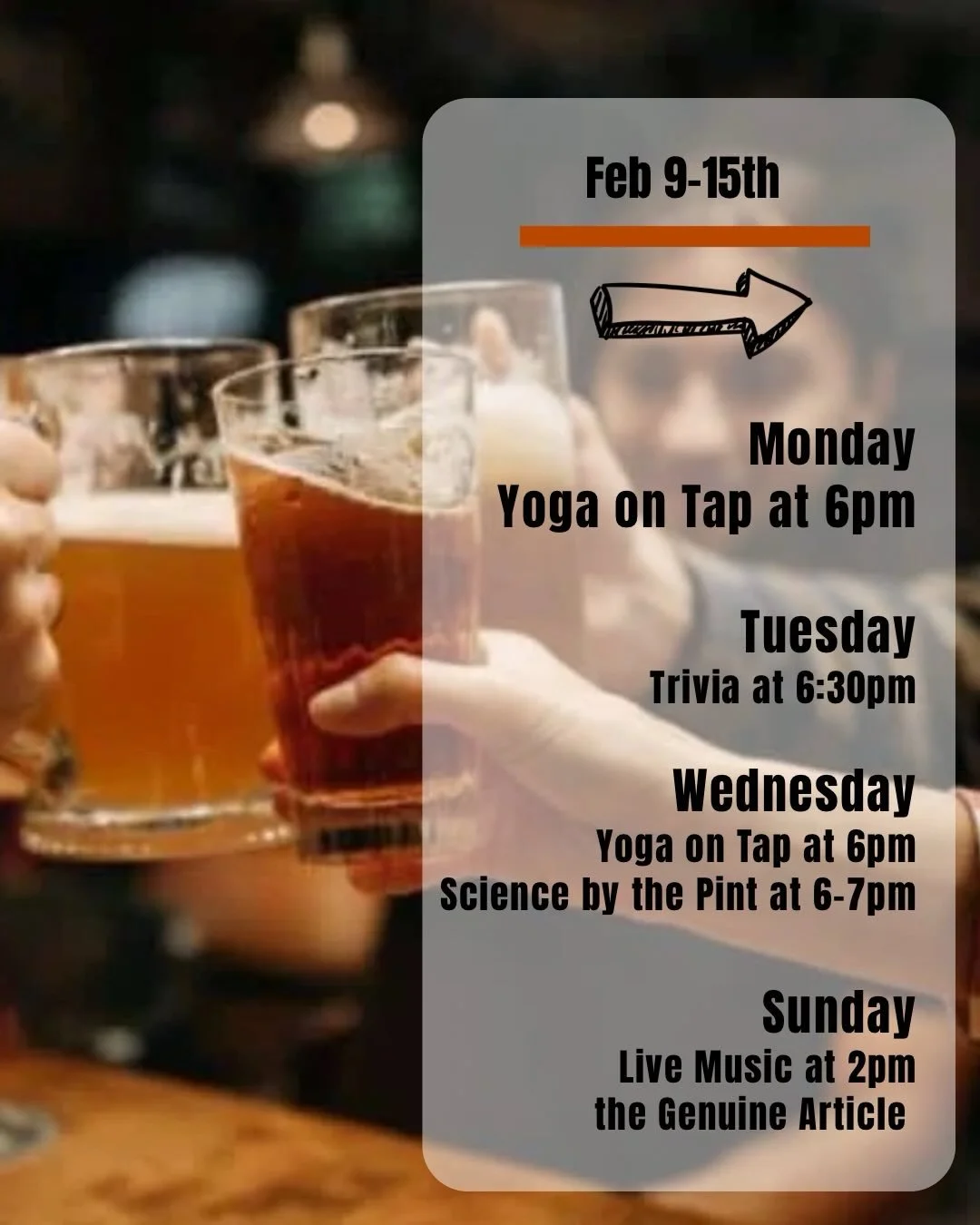 🍻 Happenings at Draughtsmen this week

🧘&zwj;♀️ Mon 2/09 | Yoga on Tap @ 6pm Start the week strong with yogi Sheena. Stretch it out, take a breath, enjoy a sip, and settle into some easygoing good vibes.

🧠 Tue 2/10 | Trivia Night @ 6:30pm Round u