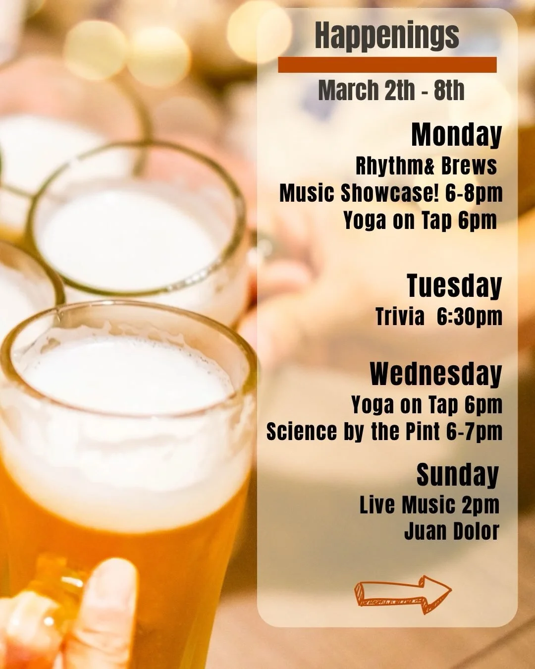 🍻 Happenings at Draughtsmen Aleworks this week

🎶 Mon 3/02  Rhythm &amp; Brews Music Showcase 🍺 Local music, good beer, and community vibes collide. Launching TODAY! Rhythm &amp; Brews is a music-forward open mic built to support creativity and co