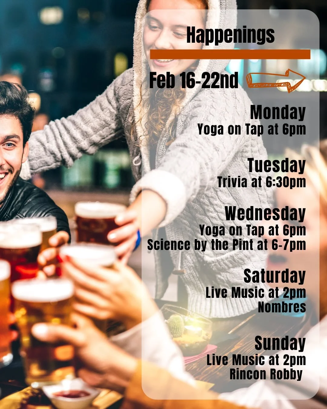 🍻 Happenings at Draughtsmen this week- rain or shine!

🧘&zwj;♀️ Mon 2/16  Yoga on Tap @ 6pm
Kick off the week with yogi Natalie. Stretch it out, take a breath, enjoy a sip, and ease into some relaxed, feel-good vibes.

🧠 Tue 2/18  Trivia Night @ 6