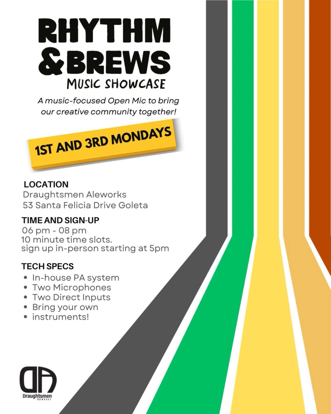 🎶 TONIGHT! 
Rhythm &amp; Brews Music Showcase 🍺
A music-focused open mic in Goleta.

Join us at Draughtsmen Aleworks for a night of local sound, shared creativity, and good brews. Whether you&rsquo;re a seasoned performer or trying something new, t