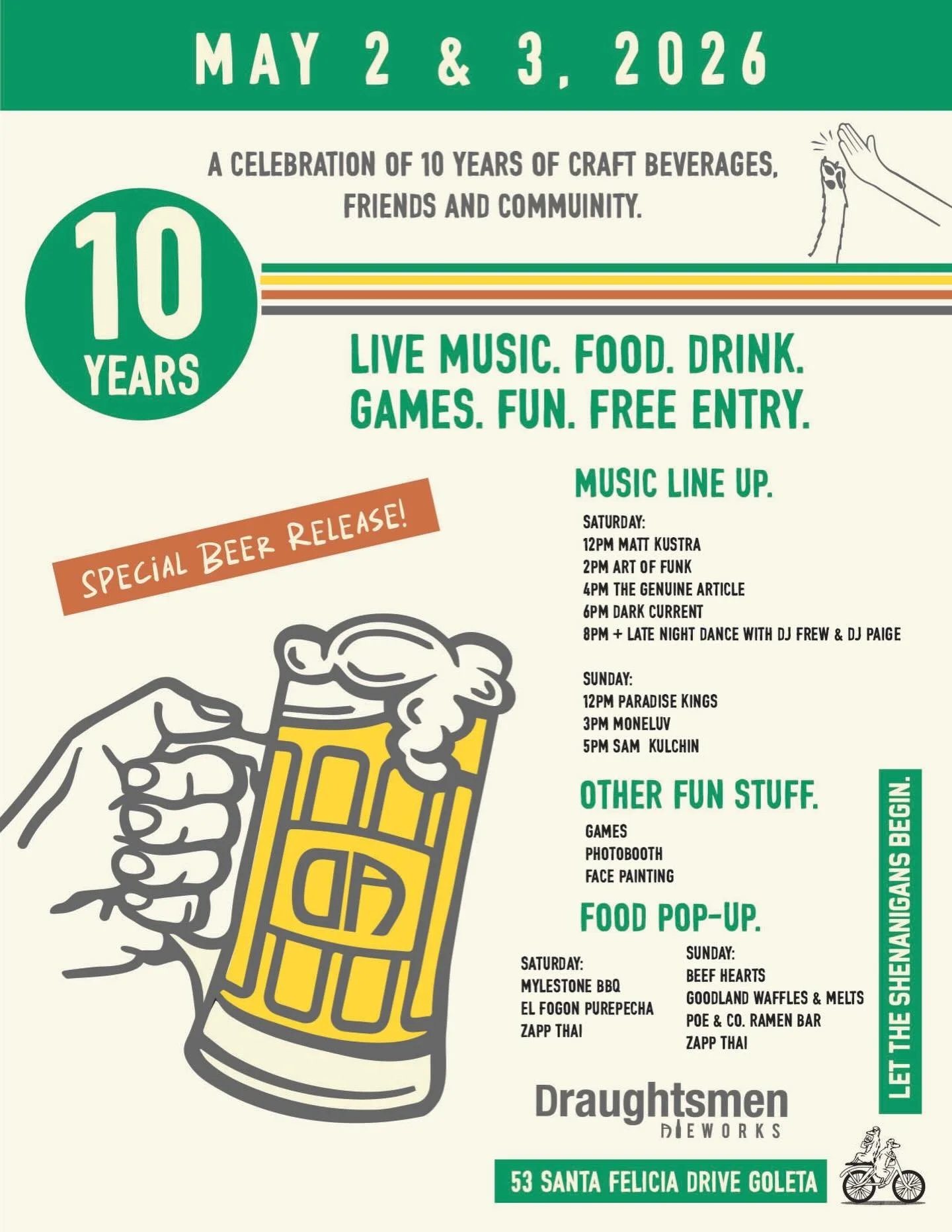 🎉 10 YEARS OF DRAUGHTSMEN 🍻
We&rsquo;re celebrating a decade of craft, community, and good times >>>>
May 2nd &amp; 3rd. 

Live music all weekend, local food pop-ups, games and plenty of beer, wine, cider &amp; more. It&rsquo;s free, it