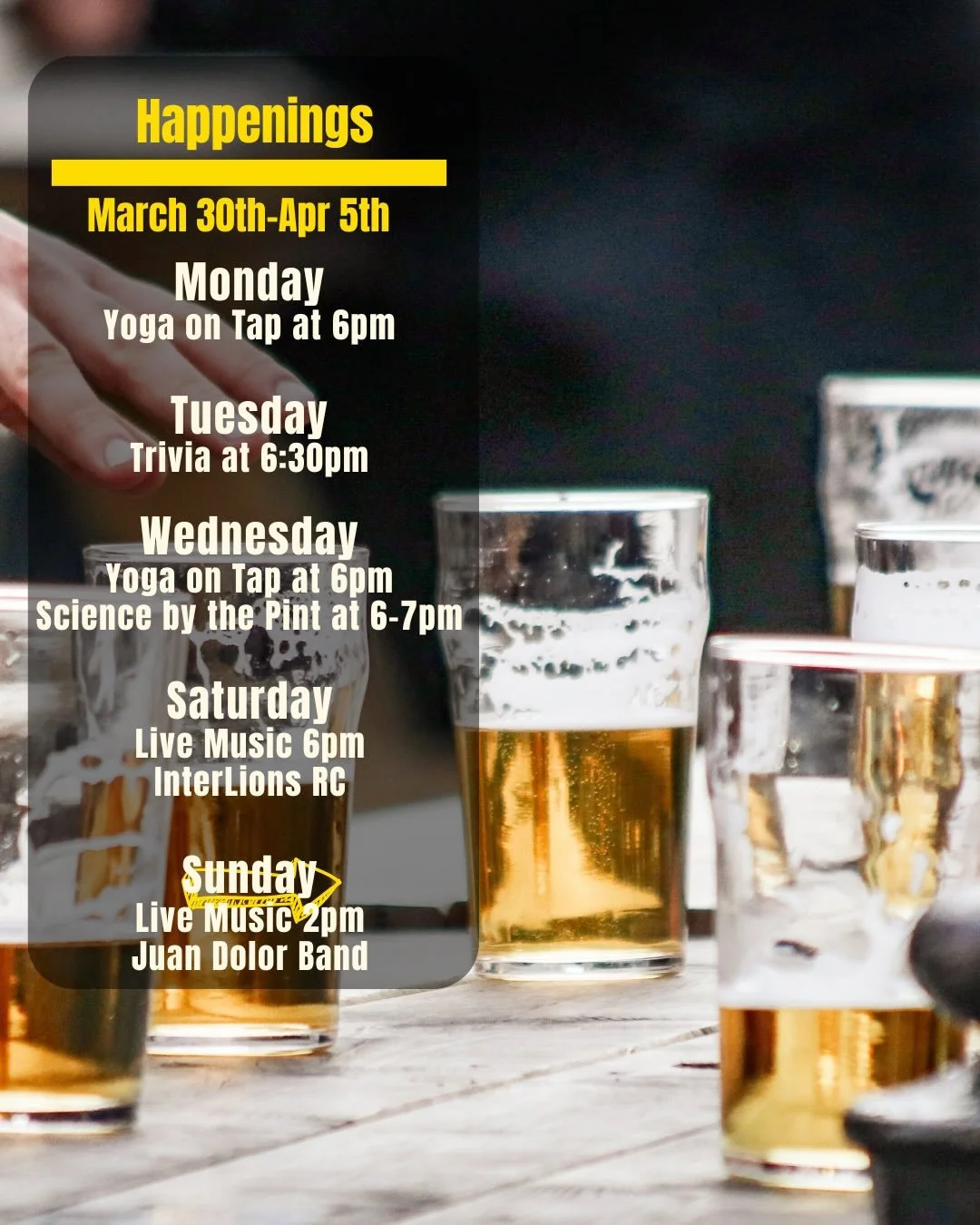 🍻 Happenings at Draughtsmen Aleworks this week

🧘&zwj;♀️ Mon 3/30 | Yoga on Tap @ 6pm Start the week on a high note with yogi Natalie. Stretch it out, take a breath, sip something good, and ease into a relaxed evening with a welcoming crew.

🧠 Tue