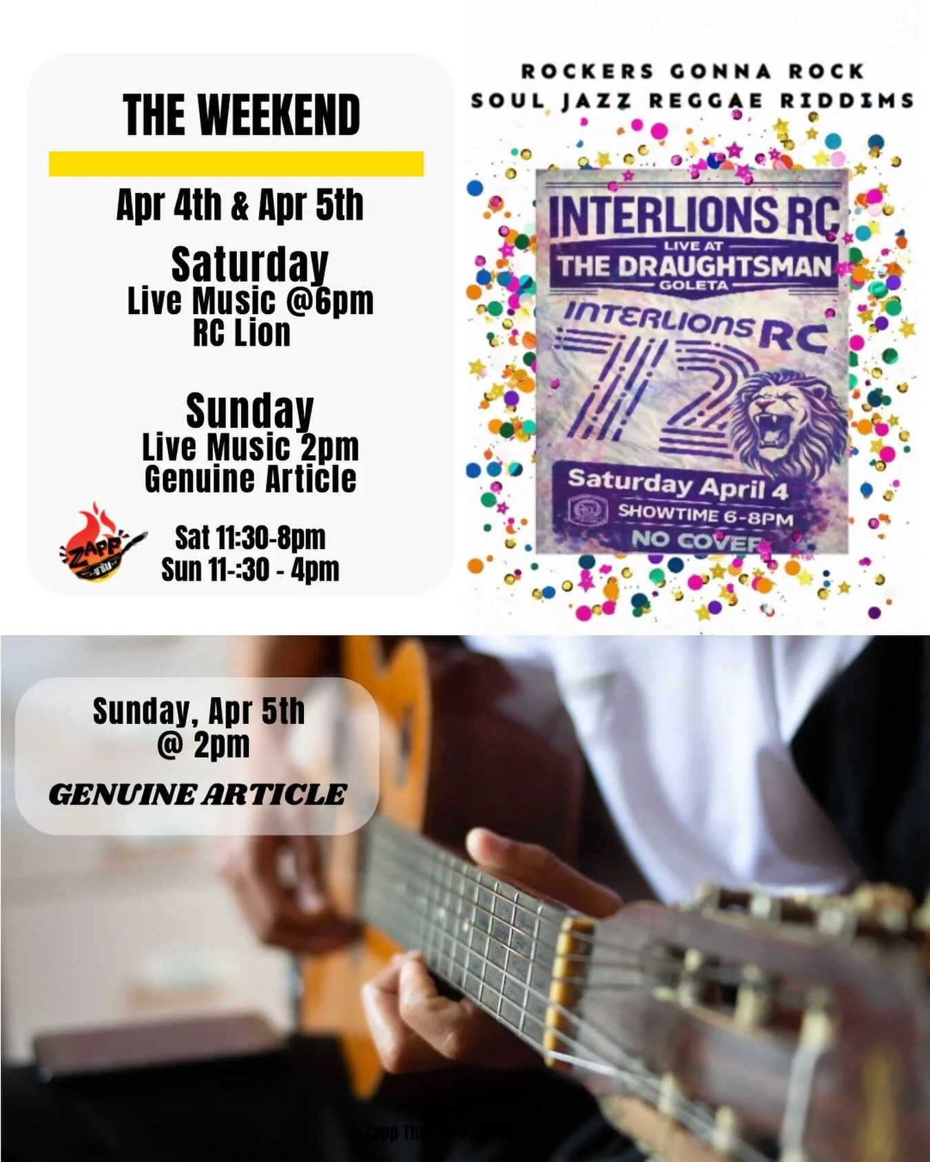 🎶 Sat 4/04 | Live Music @ 6pm Kick off the weekend with feel-good reggae grooves from InterLions RC. Good music, good drinks, good company.

🎶 Sun 4/05 | Live Music @ 2pm Keep the vibes going with The Genuine Article bringing easy, feel-good sounds