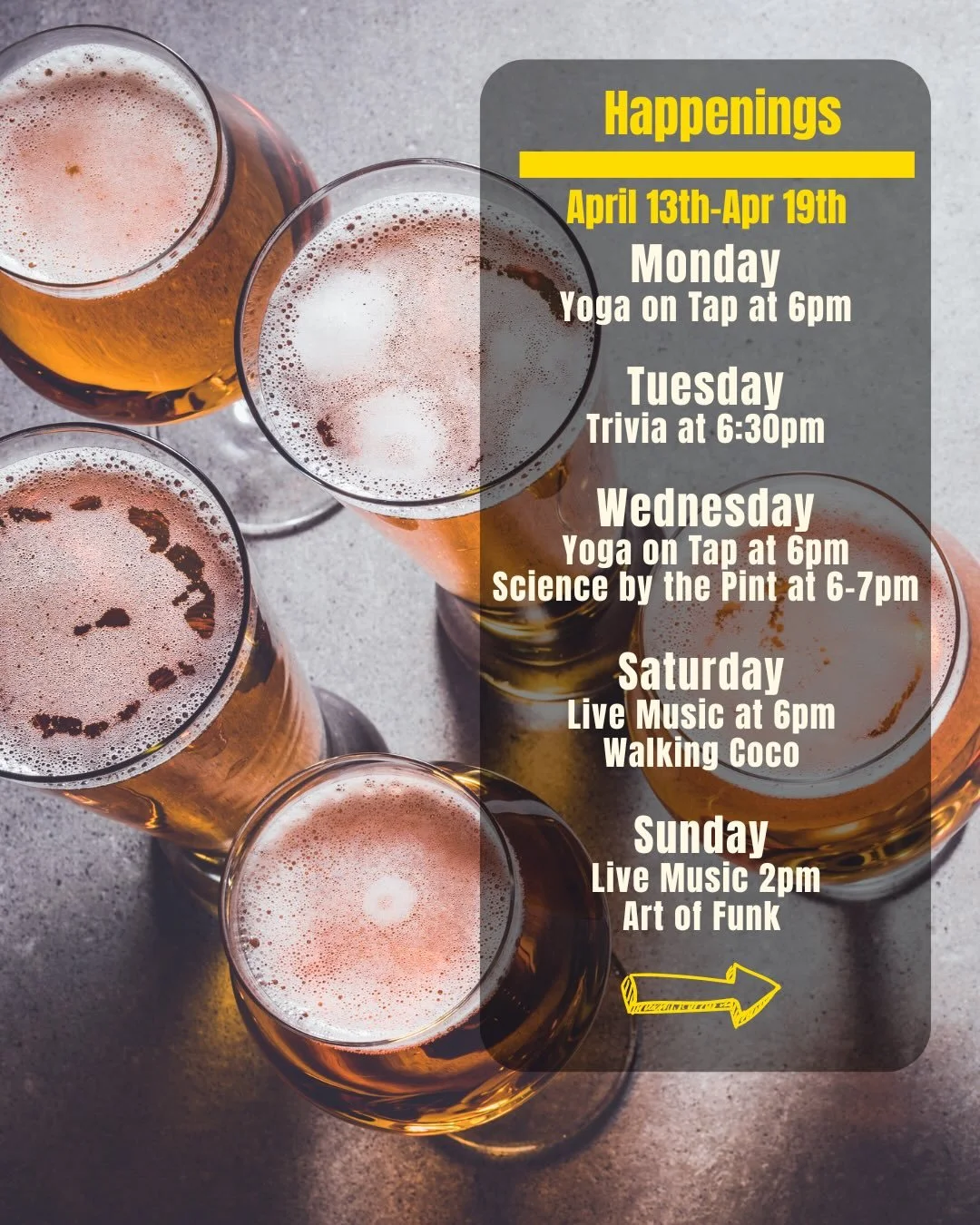 🍻 Happenings at Draughtsmen Aleworks this week
🧘&zwj;♀️ Mon 4/13 | TODAY! Yoga on Tap @ 6pm Kick off the week with yogi Natalie. Stretch it out, take a breath, sip something good, and settle into a relaxed, feel-good evening.

🧠 Tue 4/14 | Trivia 