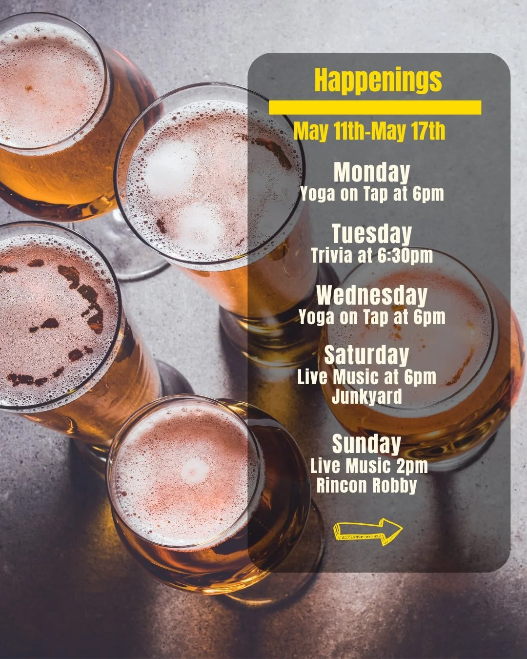 🍻 Happenings at Draughtsmen Aleworks this week

🧘&zwj;♀️ Mon 5/11 | Yoga on Tap @ 6pm Ease into the week with yogi Kristin. She is back! Stretch it out, take a deep breath, sip something good, and settle into a mellow Monday night with great people