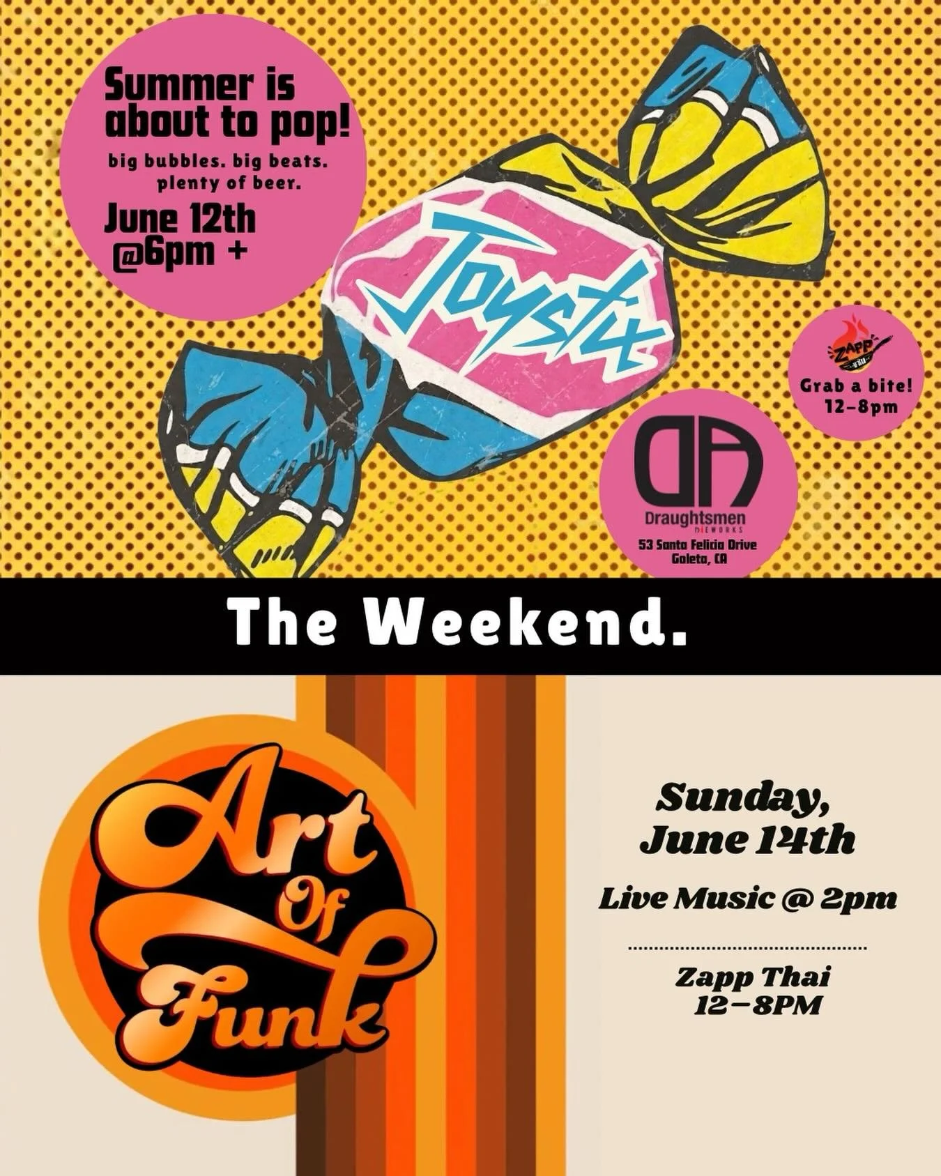 🎉 School is out and summer is about to pop!

🎸 Friday 6/12 - Live Music @ 6pm Dust off the leg warmers (or not) and get ready to dance! JOYSTIX will bring your favorite &rsquo;80s hits and high-energy fun to the taproom. Grab a cold beverage, order