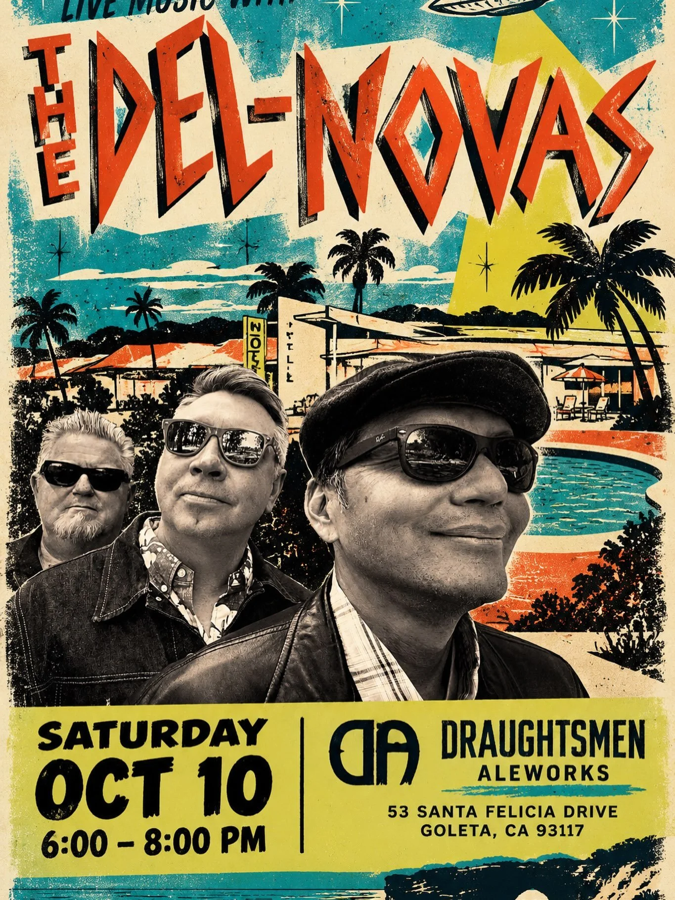 Don&rsquo;t miss these guys on Saturday 6pm. Instrumental surf, spy, spaghetti western, tiki and sci fi- very fun!
.
.
.
#surfmusic #sblivenotes #draughtsmen #goleta #livemusic 

Grab a bite @zappfoodtruck too!