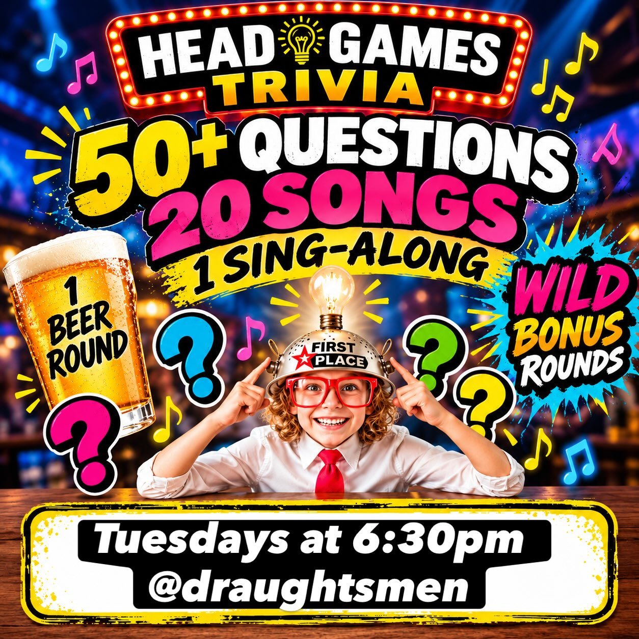 🧠 Head Games Trivia Night 🍺
Join us Tuesday (TODAY) at 6:30pm at Draughtsmen Aleworks for FREE trivia, friendly competition, and lots if laughs. Bring your crew, order a pint, and some incredible food from @zappfoodtruck and see who earns this week
