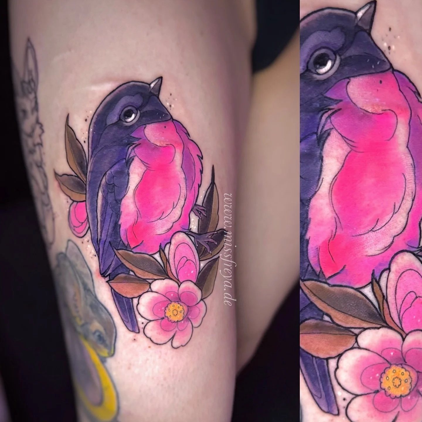I posted a photo of a pink robin in my story recently (swipe to see the og) and said I wanted to tattoo it so badly &mdash; @yara_brsz answered my call and we did it 🥹

Also side note: scars (when fully healed) are not an issue to tattoo over and I 