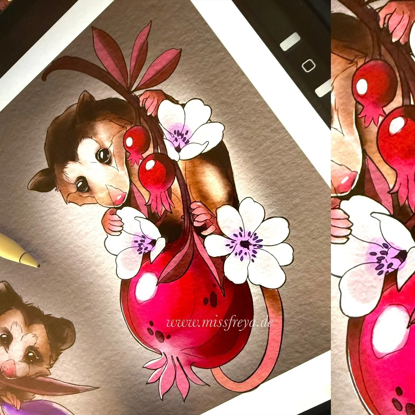 AVAIALABLE WANNA DO DROP ✨✨
I adore possums so much. Here is two babies looking for a new home, in the spotlight today: 
Lil possum with big pomegranate 

I&rsquo;ll post their sibling tomorrow ✨💜

If you want to adopt them; head over to the link in