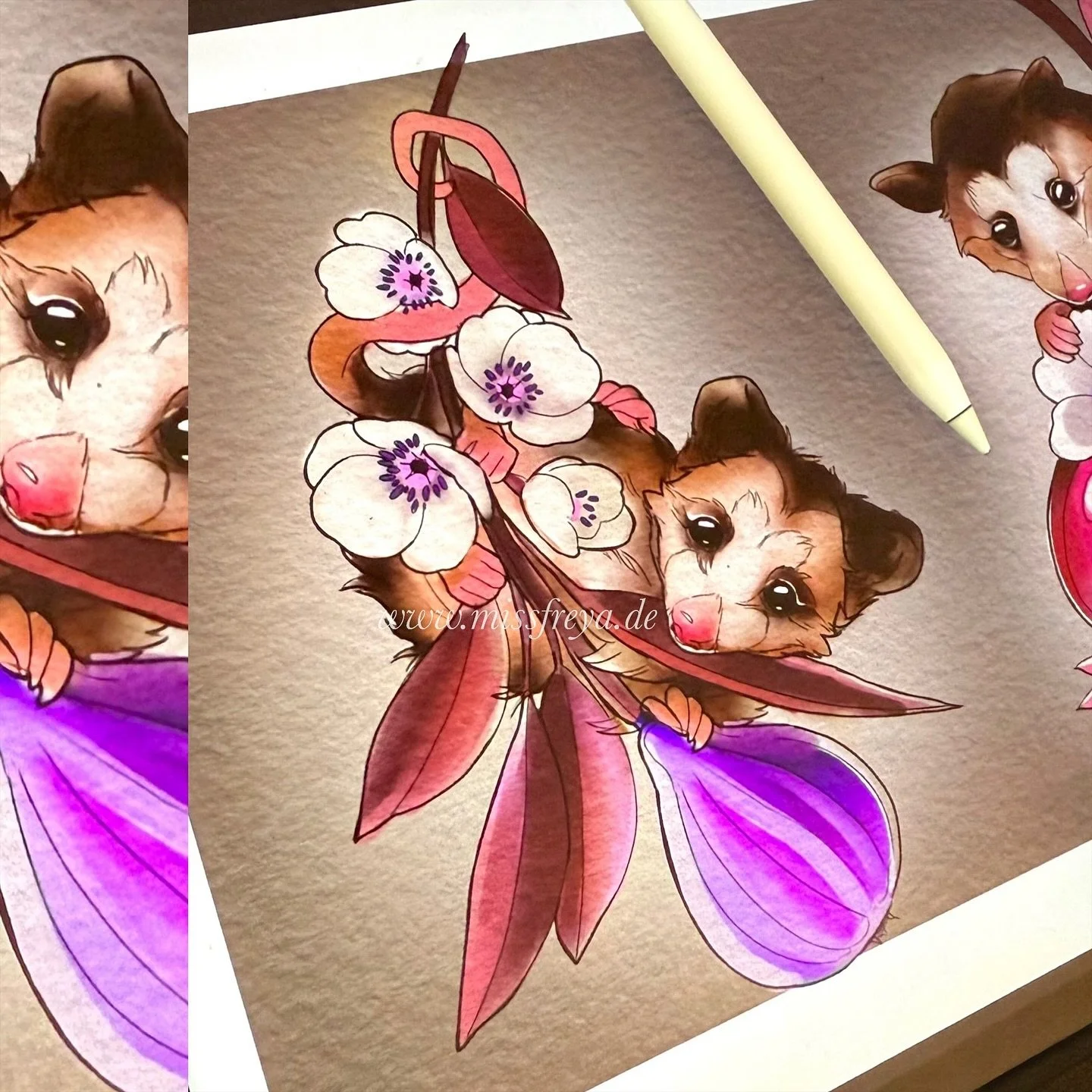 AVAILABLE WANNA DO DROP ✨✨
I adore possums so much. Here is two babies looking for a new home, in the spotlight today: 
Lil possum with ripe fig 

Posted their sibling yesterday, check my feed ✨💜

If you want to adopt them; head over to the link in 