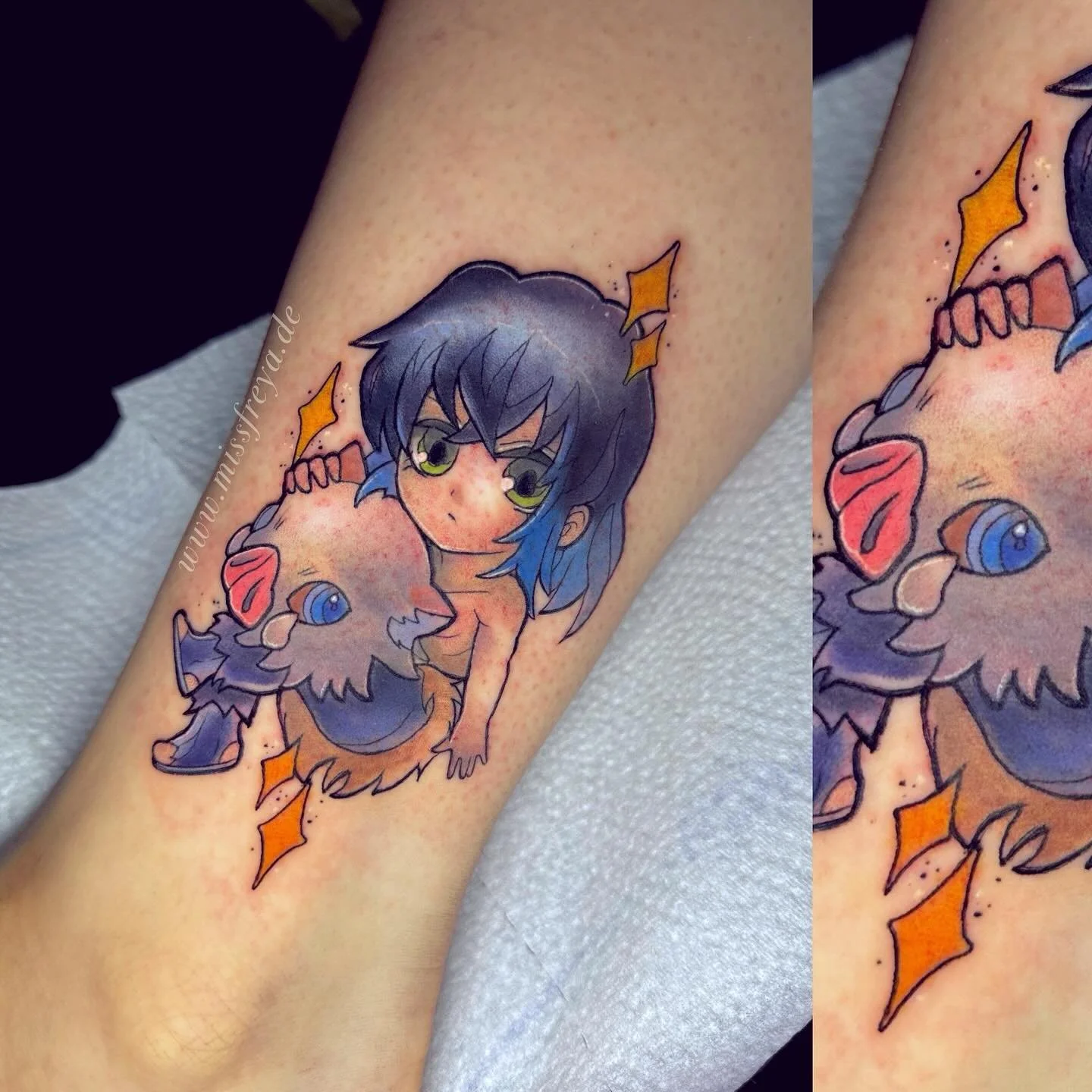 Inosuke from Demon Slayer chibi for @_annaannouk I got to do recently 

It feels so amazing to know that I started drawing so I could recreate characters from games and mangas and it all led to me painting said characters on skin for a living 🥹

Tha