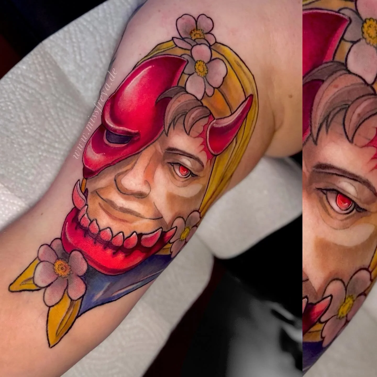 Frau Rauscher Oni for @foufshuu that I had the honor of doing AND IM OBSESSED 
Can we please talk about the fact that I adore drawing and tattooing older people a heckin bunch? There is so much character in older faces, makes me appreciate aging more