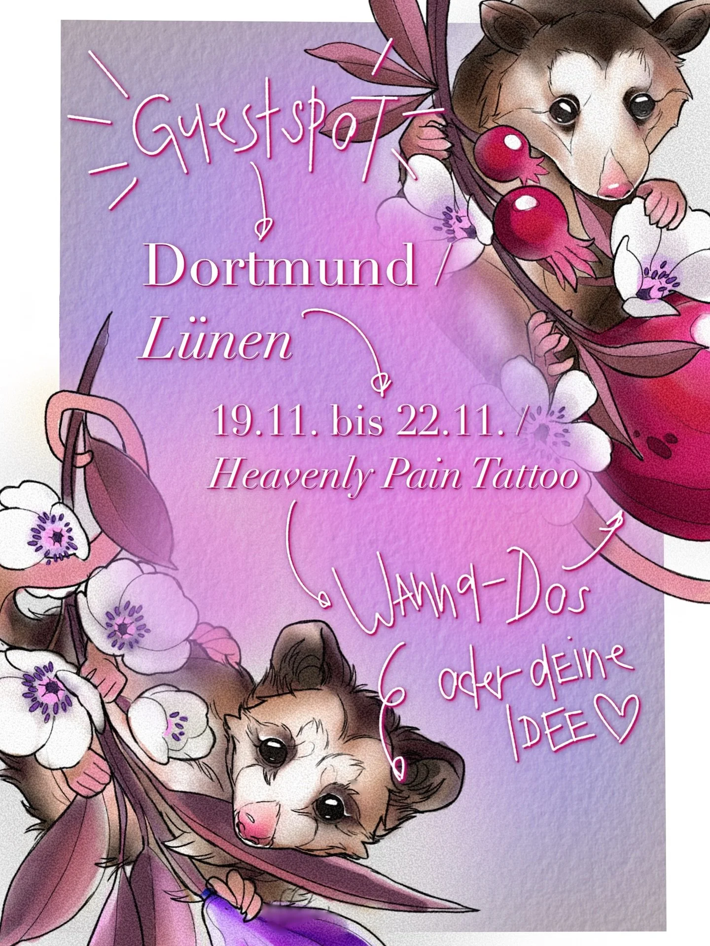 Guest Spot Alarm &mdash;
Ich bin n&auml;chste Woche &ndash; 19.11-22.11. &ndash; im @heavenly_pain_tattoo_arts zu Gast und habe unter anderem diese Wanna Dos im Gep&auml;ck ✨

Melde dich gerne in den Kommentaren wenn du Fragen hast &mdash; unter ✨ mi