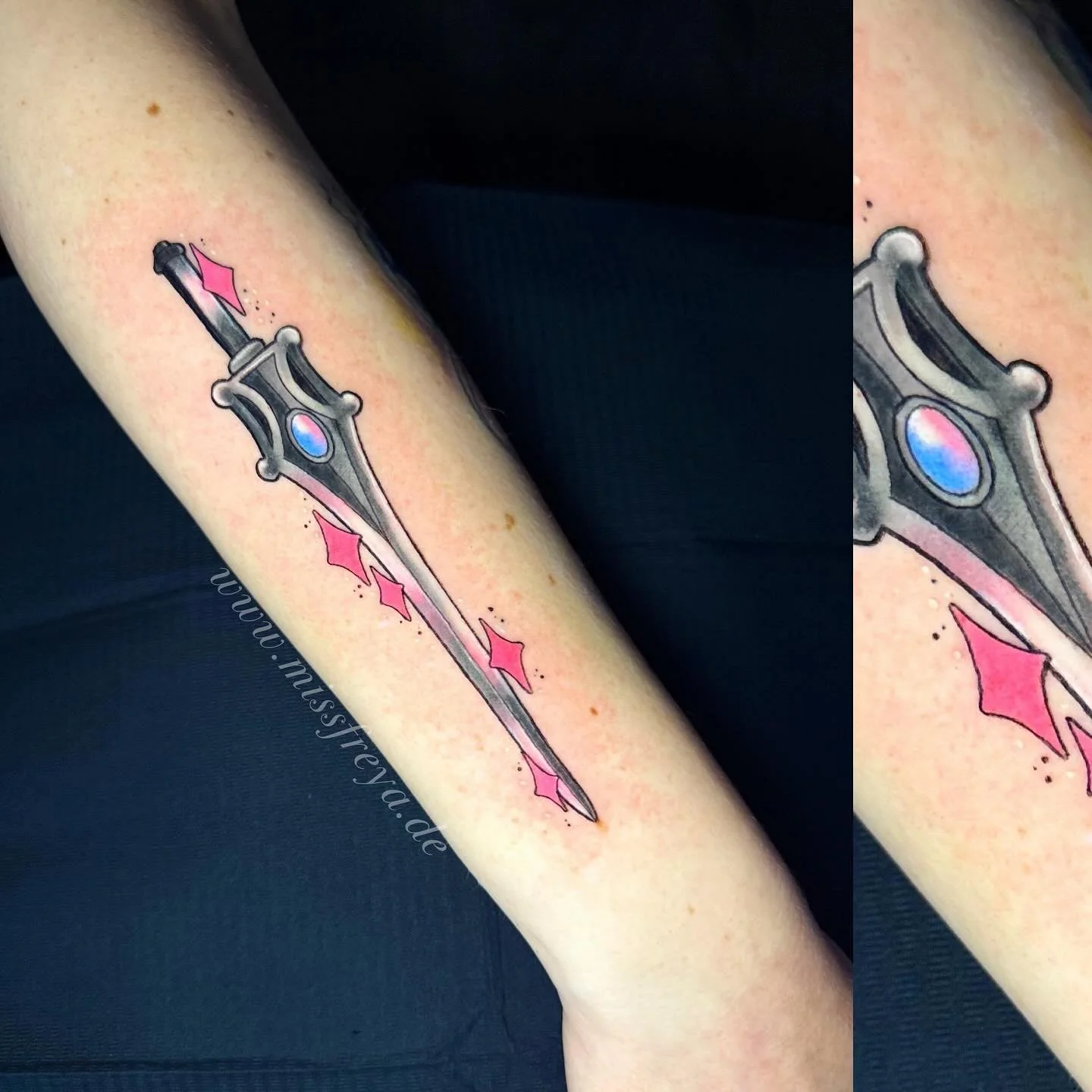 She-Ra sword I got to do on @plantdestroya a while back - and it has pink sparkles ✨✨

What&rsquo;s a childhood series that influenced you until today? 😌✨

I never can grasp that I get to draw and tattoo themes I adored growing up (and still do)

*
