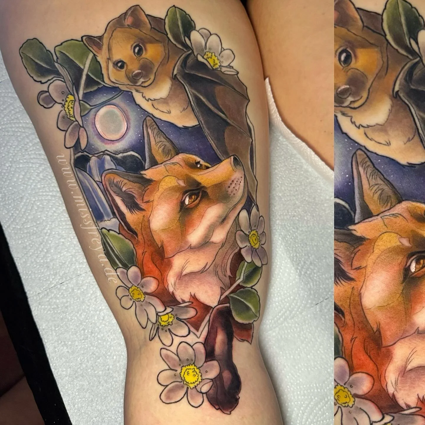 Where fox and bat hide under moonlight - I got to finish this amazing project on @wolkenmaedchen ✨✨☺️
We combined the idea of two animals with her favorite landscape from Iceland here - I adore to use landscapes in tattoos. I guess having insomnia an