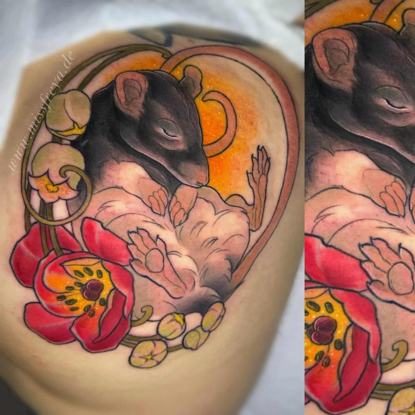When I say I adore tattooing all kinds of pets I mean it- this rat baby found a forever cozy spot on @windxrunner (who also shoots the most adorable pictures of her ratties, slide for the model)
Memorial pieces are always so precious, never without t