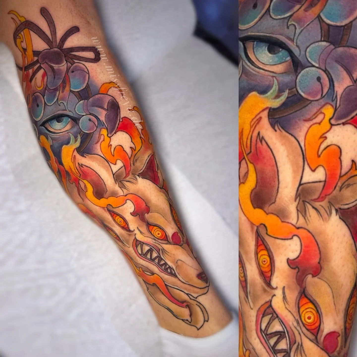 Kon from chainsaw man for @tobi_be98 ✨✨

Look at all the colors, we managed to get this piece done within two days (which was an insane efficient sit both times &ndash; not at all the average especially on the inner lower leg).

What&rsquo;s a more r