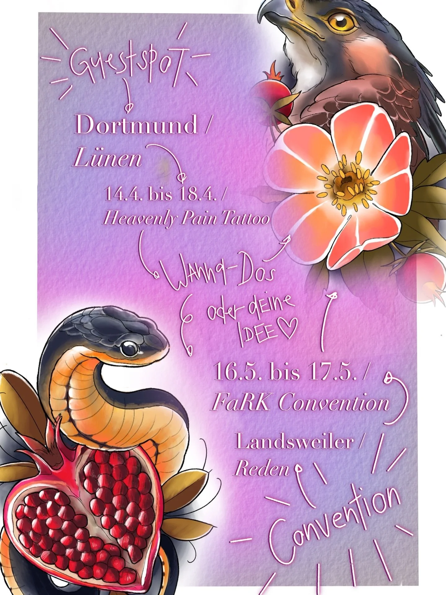 Guest Spot und Convention Update ✨✨

Im April bin ich im @heavenly_pain_tattoo_arts zu Gast und im Mai geht&rsquo;s mit den M&auml;dels auf die @farkofficial in Saarland 💜

F&uuml;r Termine dort meldet euch gern per Mail oder missfreya.de/guestspots