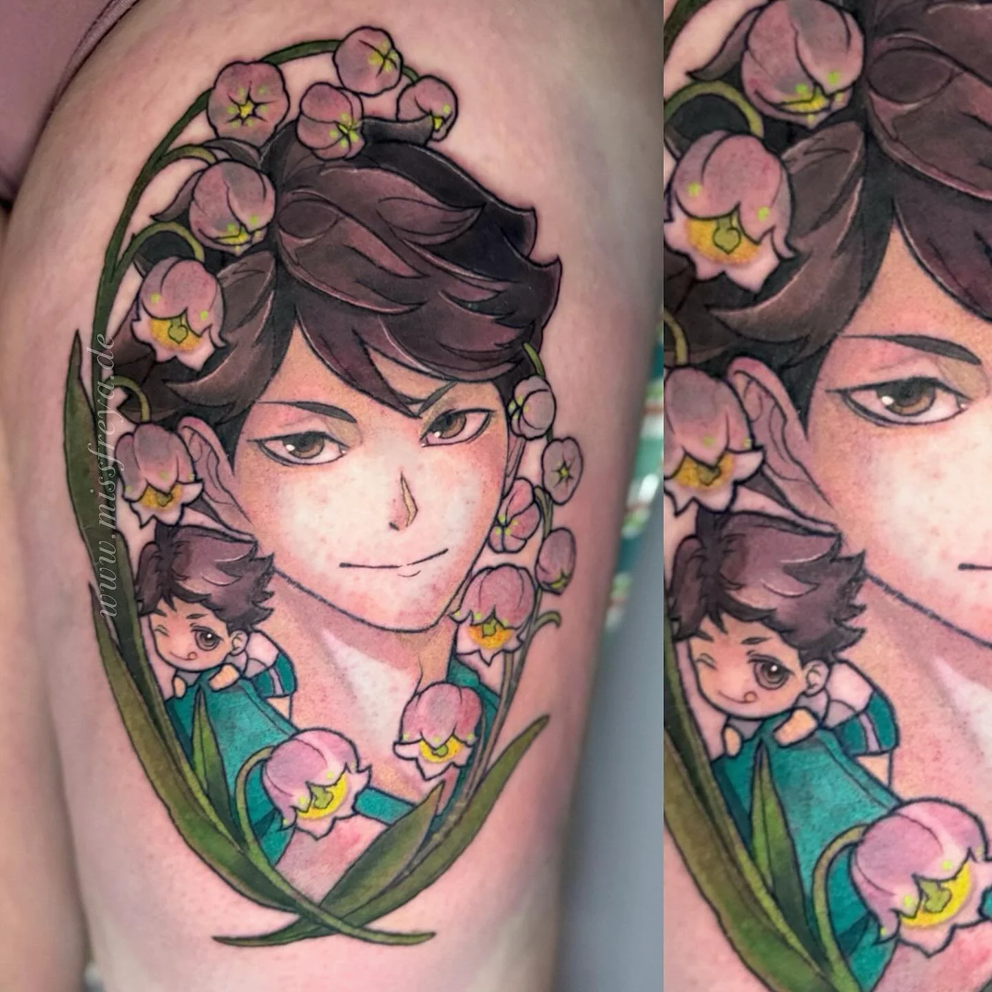 Oikawa from Haikyuu I got to do for @nanashi1bit recently, lines healed color fresh ☺️ 
Ich liebe Anime Projekte - und dann noch mit floralem Beiwerk? Say no more ✨

Wenn du auch Bock auf dein otaku tattoo hast- im letzten slide findest du die aktuel