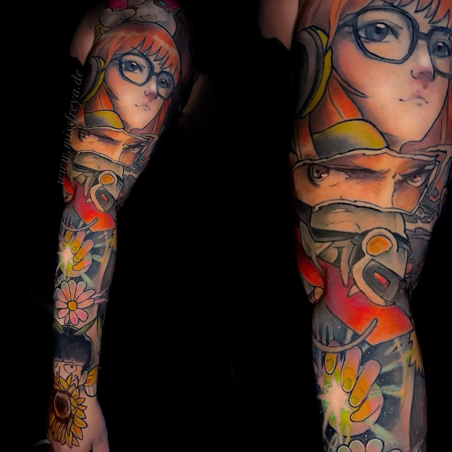 Finally it is time to show you this fullsleeve; 
upper arm - persona 5 / lower arm - mob psycho 100 on @ichigo_kacchan ❤️

I have such a hard time with taking photos of finished large scale work, but have my try that is very overdue since we finished