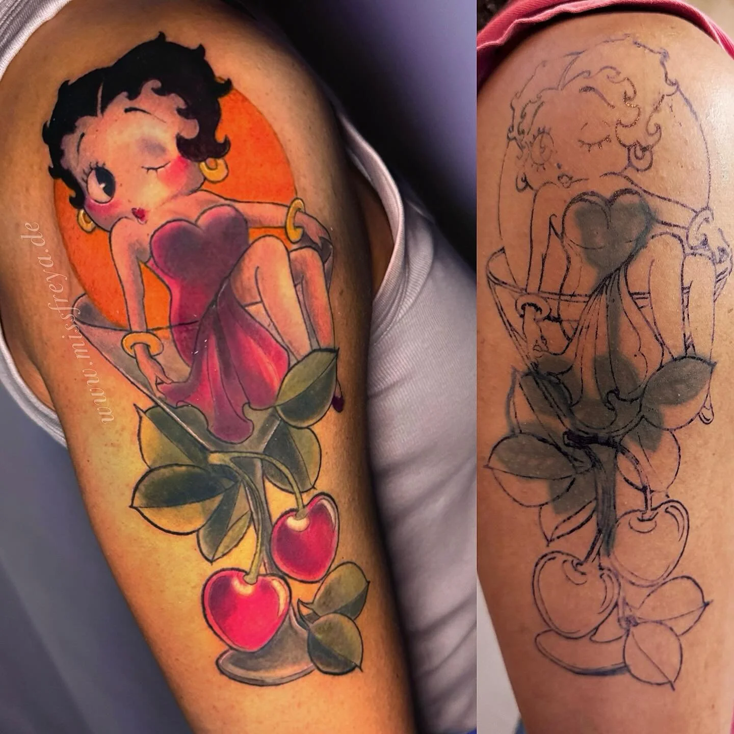 Betty Boop cover up for Bettina ✨
The old tattoo had its prime and we decided to make it disappear 😌
The result you see here is half healed and half fresh, really excited about how we were able to work around the old black rose.
If you need somethin