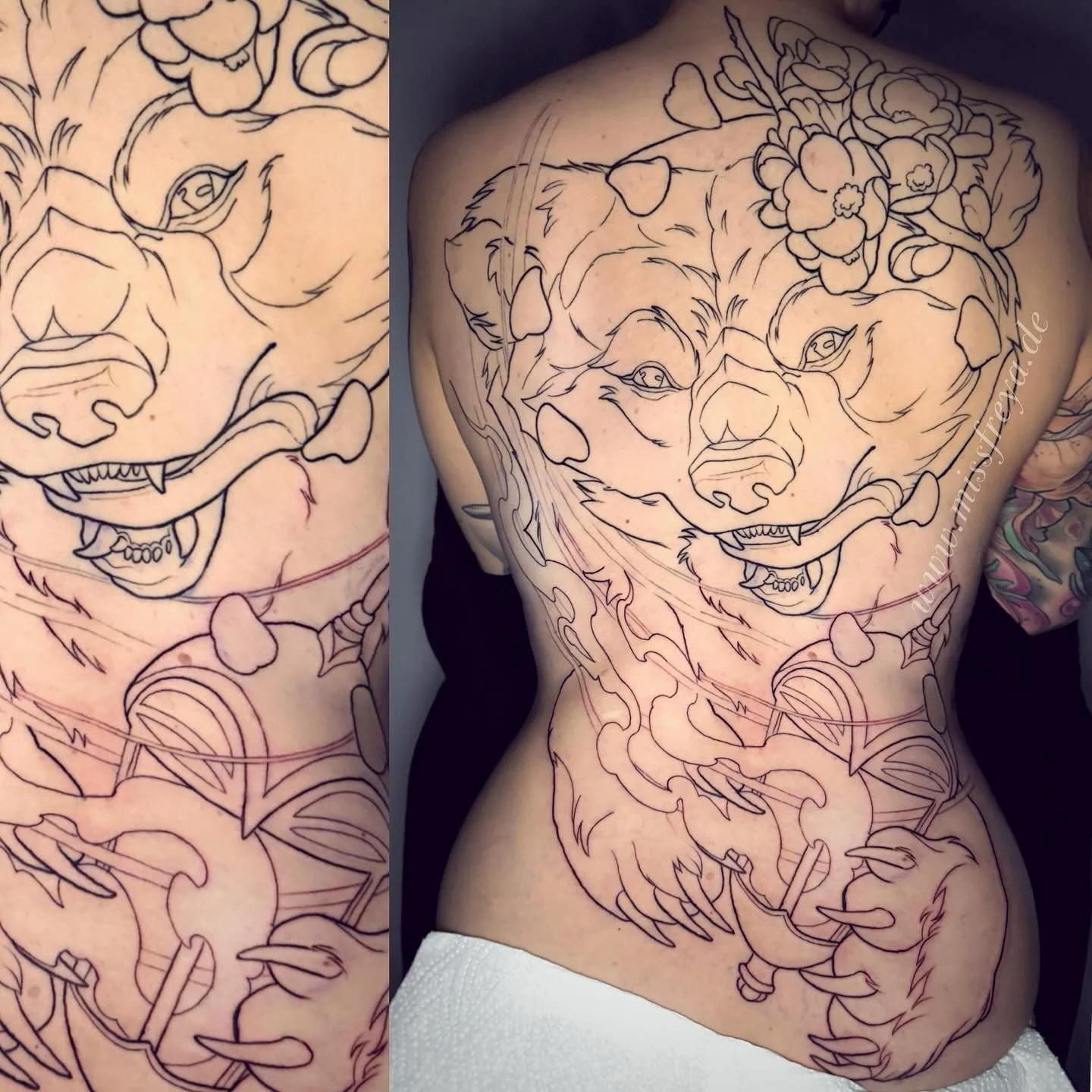 A back piece journey started with @kittie.mooncat and her sun bear with a guiding flame lantern
Two sessions in on these photos and I&rsquo;m so stoked on how it fits ✨✨ slide for a stencil peek 😌

Im letzten Slide findest du meine aktuell freien Te