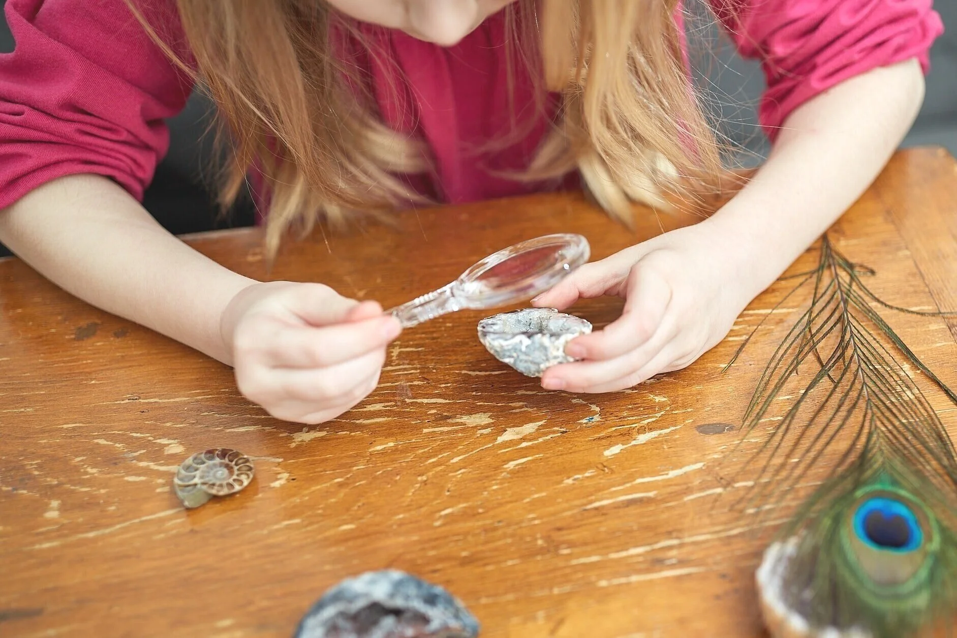 Child exploring geode and fossil with magnifying glass from Earth Treasure Hunt