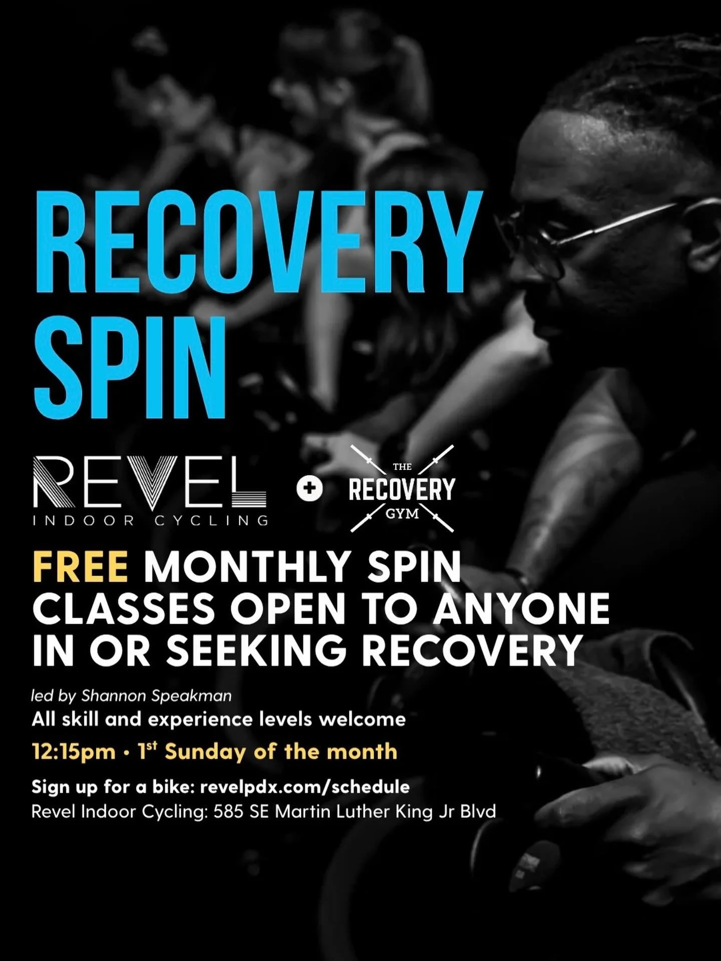 Join us for a FREE monthly spin class open to anyone in or seeking recovery. All levels are welcome! This month&rsquo;s class will be led by our amazing instructor, Shannon Speakeman, and kicks off this Sunday, May 3 at 12:15 PM. Spots are limited! B