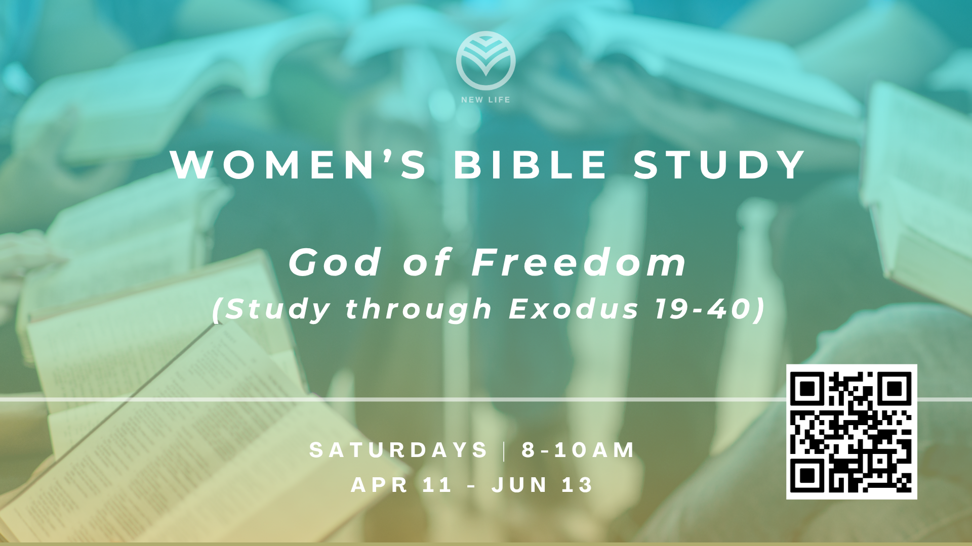 Poster for a women's Bible study titled "The Quest," held on Tuesdays from 6 to 8 PM, running from September 9 to November 18, with a background of hand holding an open Bible and other Bibles in the background.