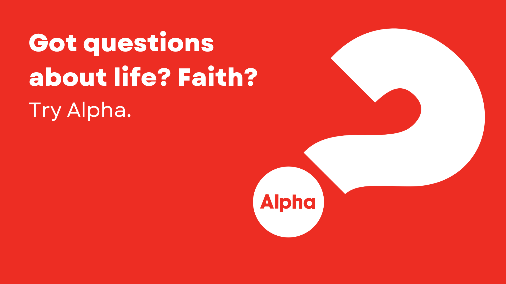 Red promotional flyer for an event asking questions about life and faith, with a large white question mark, and details about a weekly event starting October 1st at 6:30 pm, including a QR code and website link.