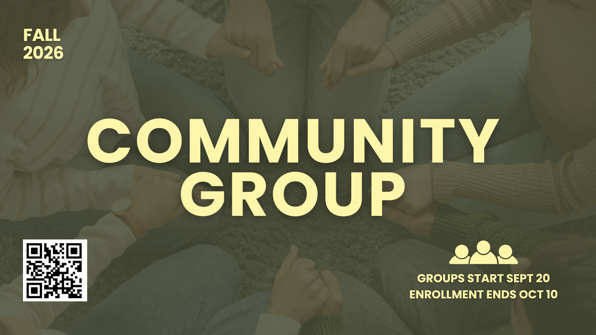 Flyer for community groups with icon of three people, QR code in the top right corner, and text about fall quarter sign-ups from September 7 to October 11.