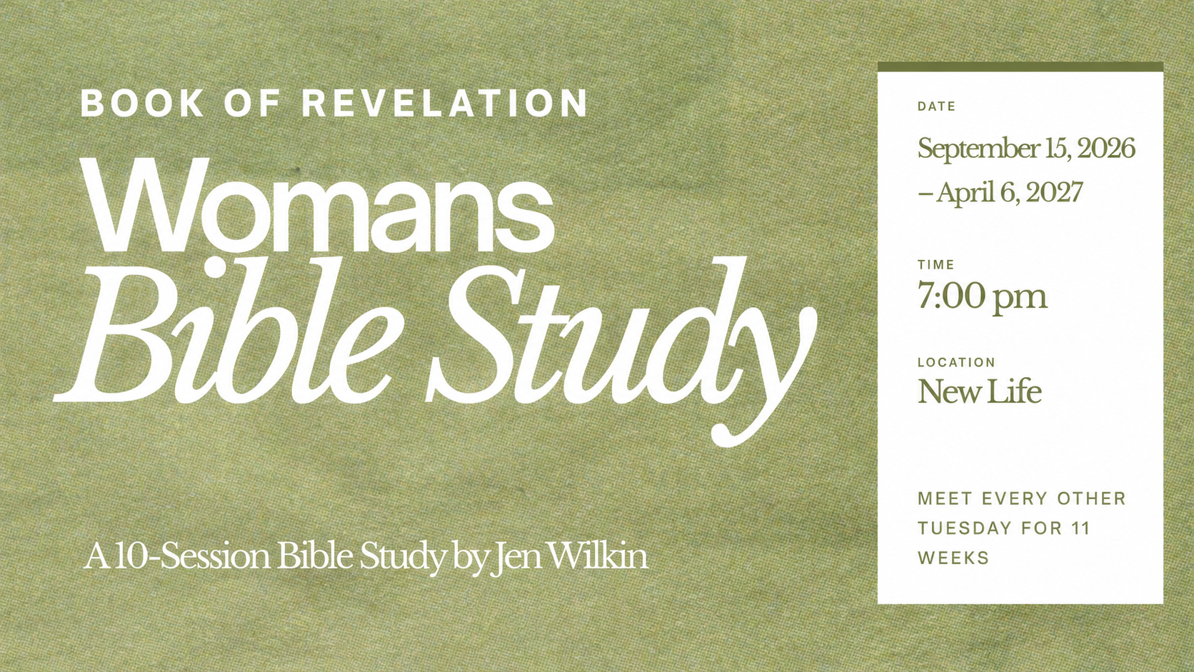 Poster for a women's Bible study titled "The Quest," held on Tuesdays from 6 to 8 PM, running from September 9 to November 18, with a background of hand holding an open Bible and other Bibles in the background.