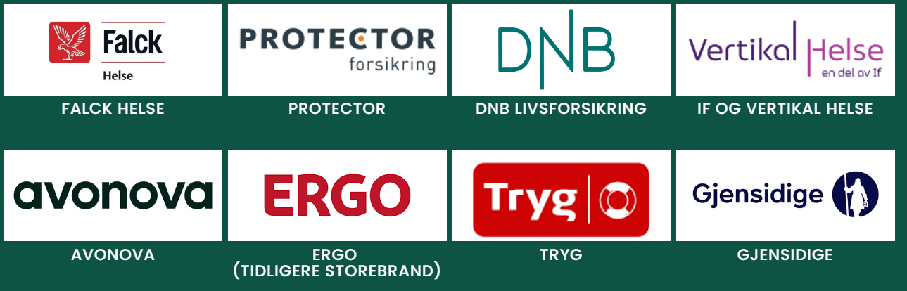 Du kan bruke helseforsikring hos House of Health via: Falck Helse, Protector, DNB, Vertikal Helse, Avonova, Ergo, Tryg, Gjensidige