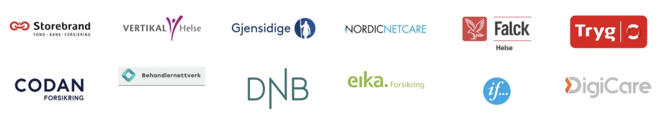 En samling logos av ulike norske selskaper og organisasjoner, inkludert Storebrand, Vertikal Helse, Gjensidige, Nordic Netcare, Falck Helse, Tryg, Codan Forsikring, Behandlernettverk, DNB, Elka Forsikring, if..., DigiCare.