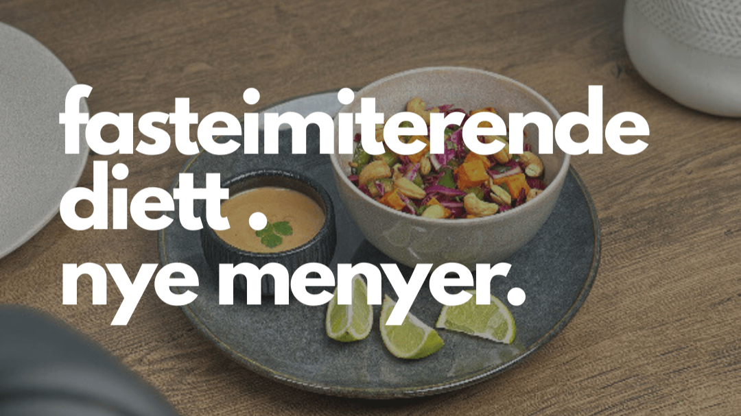 Bilde av en matplate med salat, limebåter og en saus, med norsk tekst som sier 'fasteimerende ditt. nye menyer.'