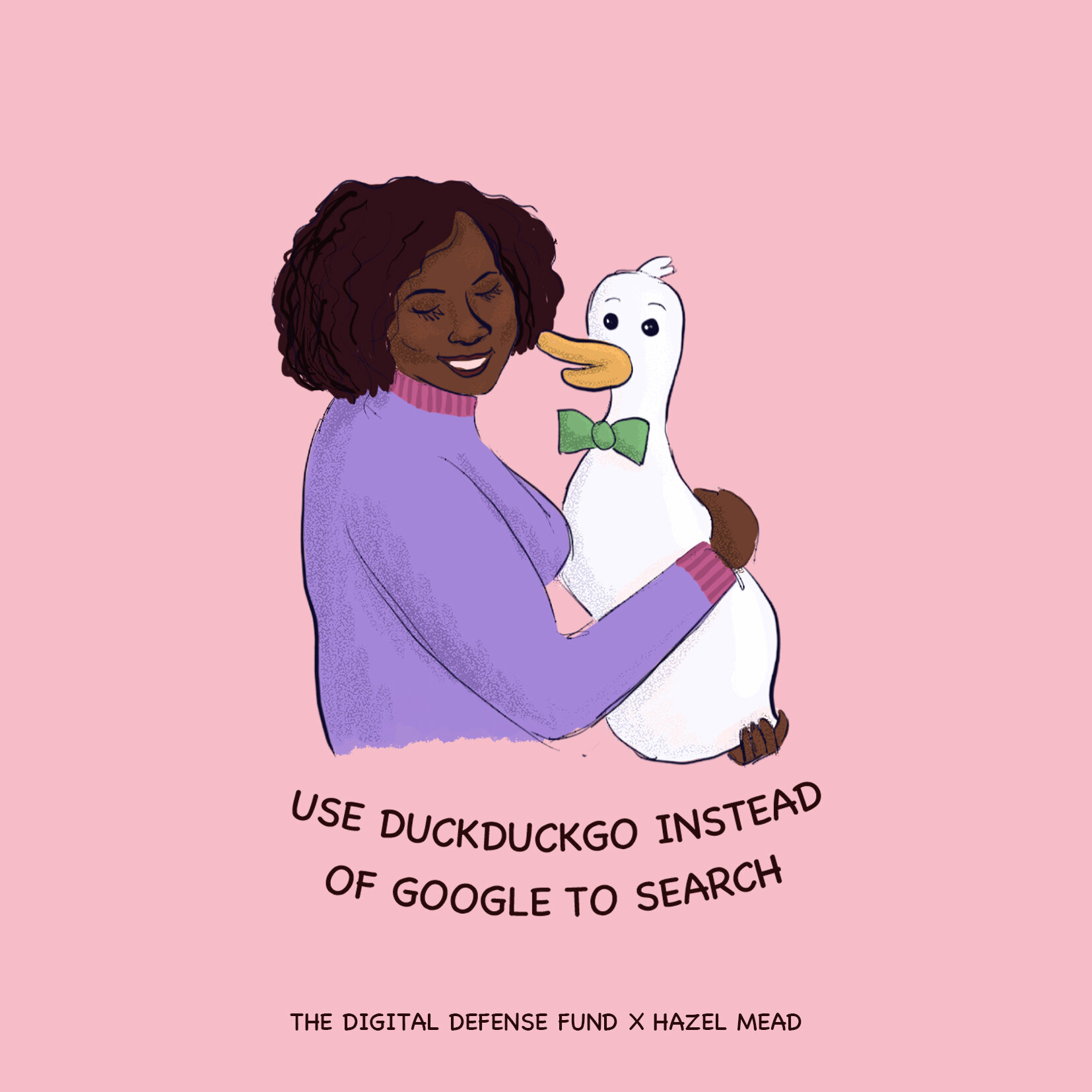 Woman hugs the DuckDuckGo Duck. Clicking image leads to DuckDuckGo.com.